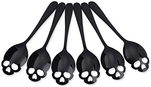 FOXAS 6er Totenkopf Löffel Schwarz Edelstahl 18/8 Schön Schädel Teelöffel Rührlöffel Kaffeelöffel Skull Spoons Set Tolle Geschenkidee zu Halloween, Spülmaschinenfest, Serie Bon Appétit