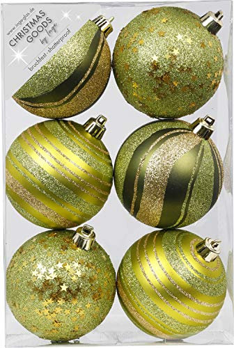 6 Christbaumkugeln 8cm Motive Ornament Dekor Kunststoff bruchfest Dekokugeln Weihnachtskugeln Baumkugeln Baumschmuck Set Christbaumschmuck Weihnachtsschmuck 80mm Olive Green-Mix - olivgrün