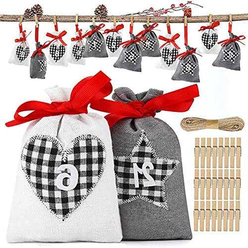 Yajun 24 Tage Weihnachten Adventskalender Ornament DIY Zahlen Tasche Wiederverwendbare Countdown Süßigkeiten Aufbewahrungsbeutel für die Wand Home Office