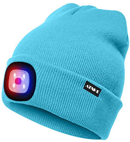 ATNKE LED Beleuchtete Mütze,Wiederaufladbare USB 4 LED Rot und Blau Leuchten Blinkender Laufmütze mit Licht Extrem Heller Lampe Winter Warme für Herren und Damen Geschenke/Light Blue