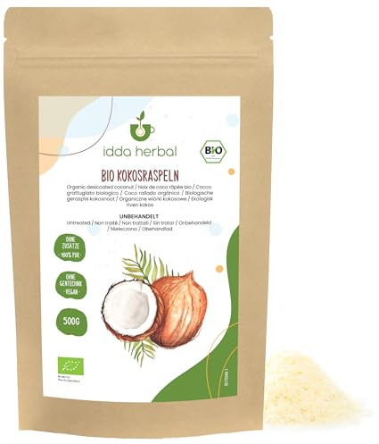 IDDA Herbal Kokosraspeln BIO 500g, bio Kokosraspeln ohne Zuckerzusatz | Kokosflocken zum Backen und für Desserts, ideal für Müsli, Porridge, Smoothie Bowls, Müsliriegeln und als dekoratives Topping