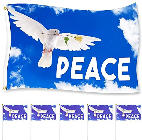 Bandiere della Pace Bandiera Pace 150 x 90 cm con 5 Piccola Bandiera Pace Colomba Bandiere per Raduni, Eventi, Marce,Decorazione per Interni ed Esterni