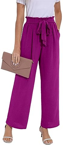 PrinStory Sommerhose Damen Mit Hoher Taille Elastische Taille Freizeithose Locker Weites Bein Damenhosen Mit Taschen (Magenta, M)