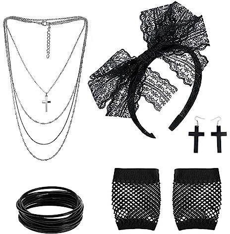 VIKSAUN 80er Jahre Retro Kostüm Set, Prom Accessoires, Fancy Outfit Mit Spitze Stirnband, Ohrringe, Fischnetz Handschuhe, Halskette, Armband für 80s Party