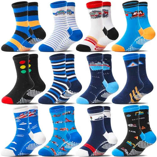 Welwoos Baby Boys Toddlers Grips Socks Non Slip Anti Skid Funny Cartoon Cosy Crew Cotton Gifts Socks 12 Pairs Stocking Fillers(Mix Blue Styles,1-3 T)