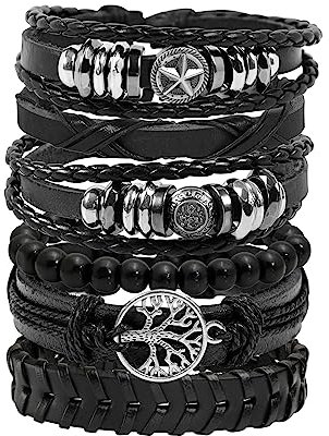 JJDreams 6PCS Punk Lederarmband Herren Wikinger Armband Schwarz Lederarmband Gothic Rock Armband Set