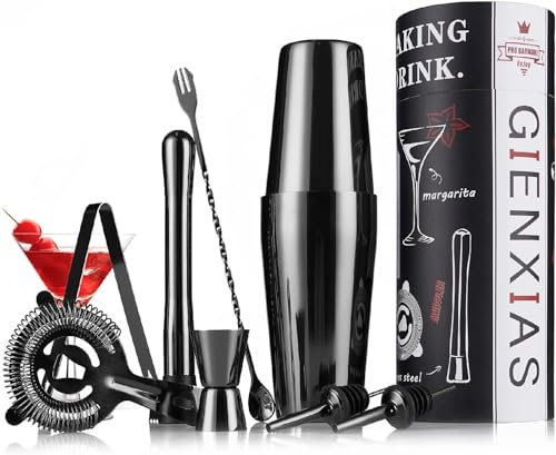 Cocktail Shaker Kit,Ensemble de Cocktail Shaker,Boston Shaker 9 Pièces,Acier Inoxydable,Pilon Cocktail,Doseur Cocktail et Accessoires de Bar Jigger,Boîte-Cadeau Personnalisé Compris