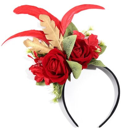 IYOU Blumen Krone Stirnband Rote Rose Haarbänder Feder Blumen Kopfbedeckung Rave Halloween Karneval Haarschmuck für Frauen und Mädchen