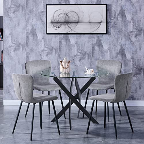 GOLDFAN Table Ronde avec 4 Chaises, Ensemble Table en Verre et Chaises Lot 4 Velours Gris