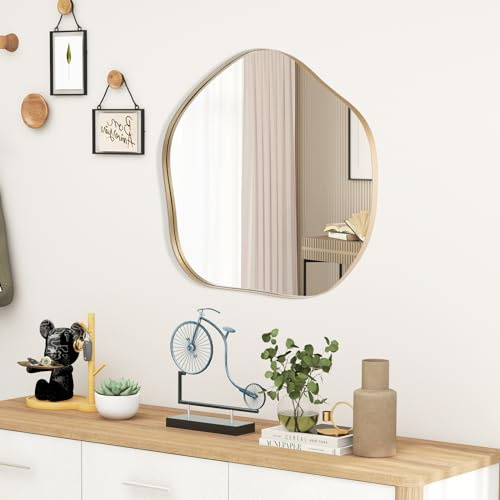 COSTWAY unregelmäßiger Wandspiegel, asymmetrischer Spiegel, gerahmter Hängespiegel, moderner Kosmetikspiegel Wand, dekorativ für Flur Badezimmer Schlafzimmer (Golden, 75 x 70 cm)