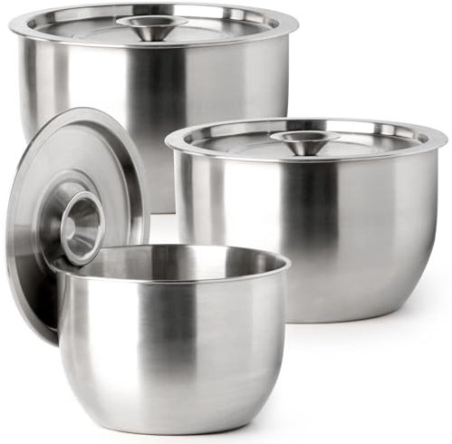 NUTRIUPS Stainless Steel Mixing Bowls Set of 3, (2.8L+3.8L+5.2L) Nesting Bowl Set with Lid, Large Kitchen Salad Meal Prep for Baking, Breading and Storage