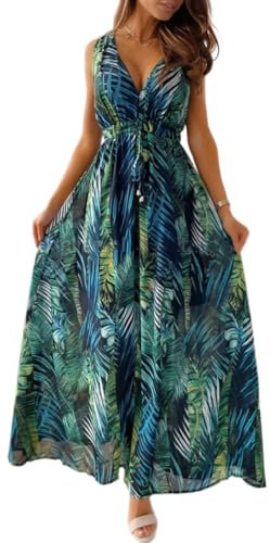 CheChury Robe de Plage Longue Femme Imprimé Floral Col en V d'été Boho avec Volants Casual sans Manche Maxi Décontracté Chic Bohème Elégant