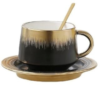 FülleMore Gold Kaffeetasse mit Untertasse 250ml Espressotasse Cappuccino Tasse mit Kuchenteller Kaffeeservice Porzellantasse Geschenk für Valentinstag Muttertag Geburtstag Weihnachten (Schwarz)