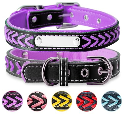 Buruslove Geflochtenes Leder Hundehalsband mit Gravur – Personalisiertes Halsband in Lila mit Namensschild, verstellbar und weich, für mittlere und große Hunde, Größe L