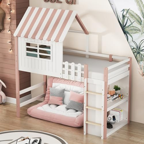 Merax Hochbett 90x200 cm, Kinderbett aus Massivholz mit Treppe, Hausbett Rausfallschutz mit Stauraum, für Jungen & Mädchen, Rosa (Ohne Matratze)