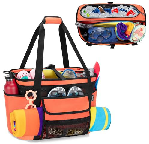 Fasrom Strandtasche XXL mit isolierter Kühltasche, wasserdichte Strandtasche mit Trocken-Nass-Trennung für Pool, Schwimmen, Reisen, Orange(Patent Design)