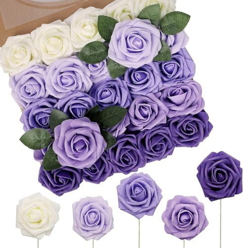 N&T NIETING Lot de 50 fleurs artificielles en mousse rose violette avec tiges lavande pour bricolage, mariage, demoiselle d'honneur, centre de table, décoration intérieure (série violet)