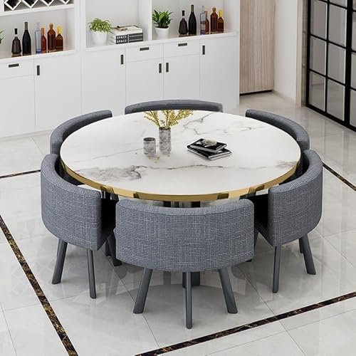Rund Konferenztisch Esstisch mit 6 Essstühlen, 120cm Balkon Esstisch Konferenztisch Set 6 Personen for Esszimmer, Küche, Wohnzimmer(Grau)