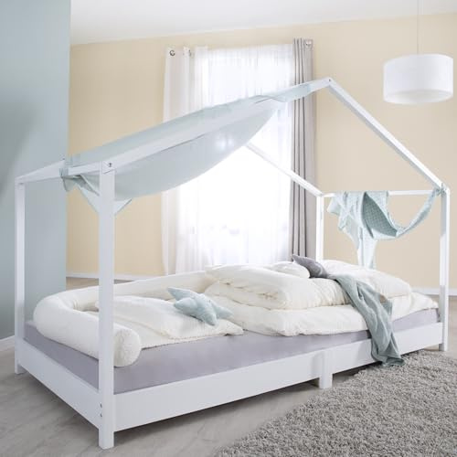 roba Hausbett 90 x 200 cm mit Lattenrost - Bodentiefes Kinderbett nach Montessori Prinzip - Erweiterbar mit Hausbettbezug - Holz weiß lackiert
