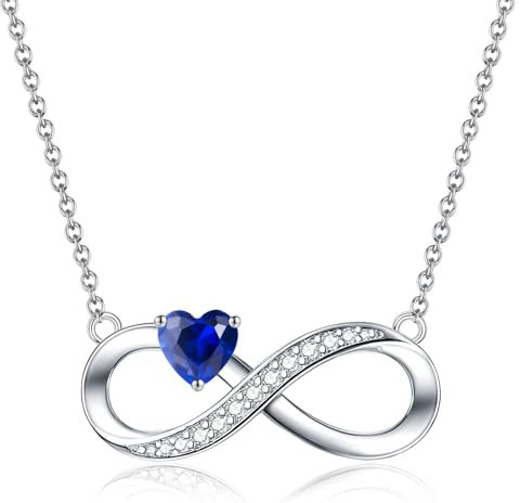 ADVIOK Infinity Necklace 925 Sterling Silver Chain 16'' with Blue AAA Heart Cubic Zirconia Infinity Pendant Present Jewellery Gifts
