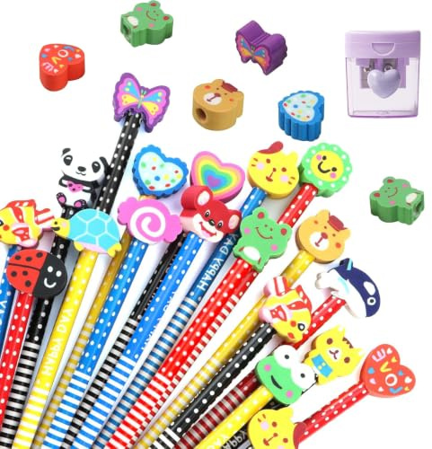 Yudobliss Bleistifte Mitgebsel, 40 Teiliges Tier Bleistiftset, Stifte mit Tierkopf, Bleistift mit Radiergummi, Cartoon Bleistift Set, Niedliche Cartoon Bleistifte, für Party, Geburtstagsgeschenk