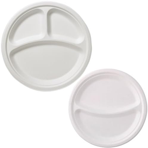 G.M. DISTRIBUZIONE 50 Piatto Tondo Triscomparto in Polpa di Cellulosa 26cm, Ideale per Cibi Caldi e Freddi, Piatti Impermeanbilie Adatti al Microonde, Biodegradabili e Compostabili