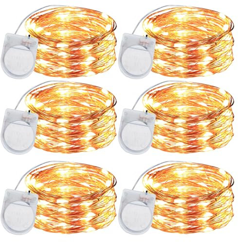 6 Pack Battery Fairy Lights, 3M 30 LEDs Copper Wire Fairy Lights,CR2450 Battery Operated Waterproof Small Christmas Battery Lights Indoor for Bedroom Wedding Jars Bottle Decor (Warm White)