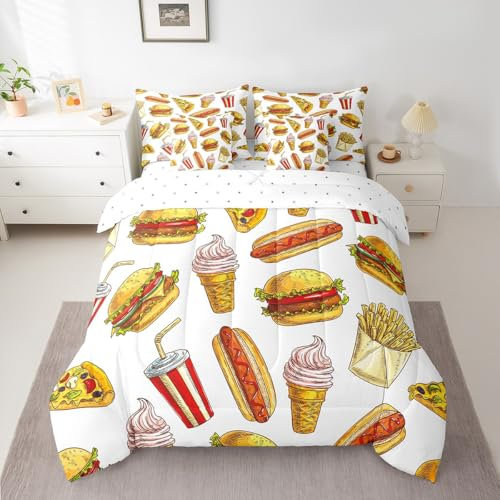 Bettdecken-Set mit Hamburger-Aufdruck, 7-teilig, Doppelbettgröße, Pizza-Cola-Hot-Dog-Bett in einer Tasche, für Kinder, Fast-Food-Thema, Bettwäsche-Set, lustig, leckeres Essen, Bettwäsche-Set mit