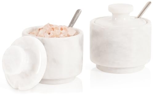 MARBLOUS KRAFTS Sal de mármol blanco de 7,6 cm de sal celta para decoración de cocina, juego de 2 tarros de especias, almacenamiento de encimera, azucarero con