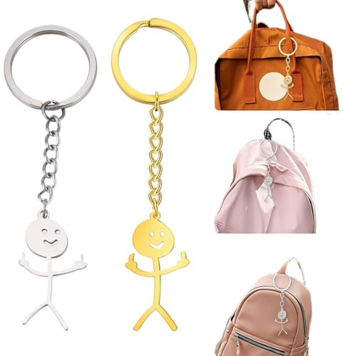 EAVUYIS 2 Pcs Porte clé doigt d'honneur, Doigt Stickman mignon porte cle drole, Voiture pendentif Couple cadeau porte-clés (1 or et 1 argent)