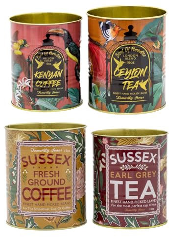 Carousel Home 4 Piece Retro Vintage Coffee Tea Cans | Birds of Paradise & Sussex Retro Metal Storage Tins | Replica Tea Coffee Tin Cans