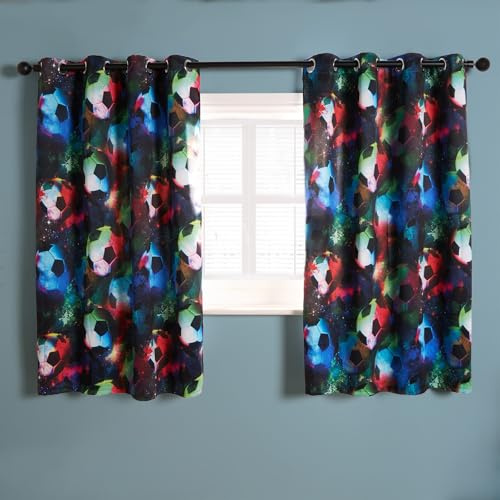 OHS Kids Blackout Curtains Eyelet, Soft Fabric Vibrant Football Thermal Insulated Curtain Stylish 2 Panel Boys Curtains For Bedroom & Playrooms, Neon - 46x72In