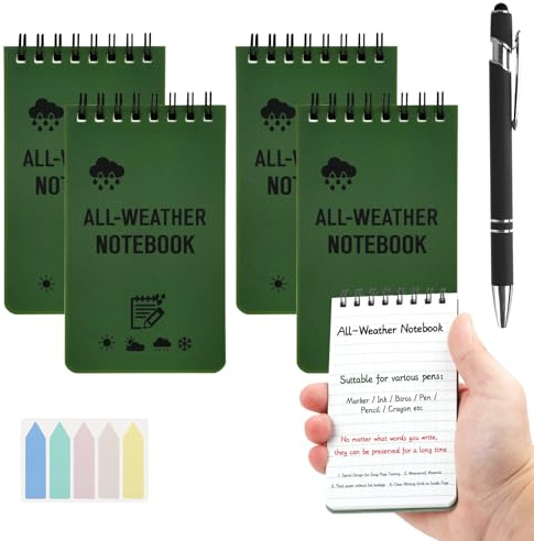 Jiayaus 4 Stück Wasserdichte Notizblock, 3 x 5 Zoll Pocket Notizbuch Allwetter Notizblöcke mit Top-Spirale, Taschennotizblock Stift und Indexaufkleber, Field Notes für Aktivitäten im Freien Militär