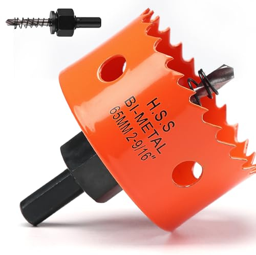 Scie-cloche de 65 mm, orange, en acier rapide HSS M42 bimétallique avec tige hexagonale et foret avec profondeur de coupe de 35 mm pour bois, plaques de plâtre et tôle métallique