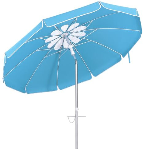 OFFSCH Parasol Plage 6.5FT (200 cm) Réglable en Forme Pétales – Pare-Soleil Inclinable UV 50+ Résistant au Vent avec Sachet de Transport pour Piscine, Camping et Plage – Bleu Lac
