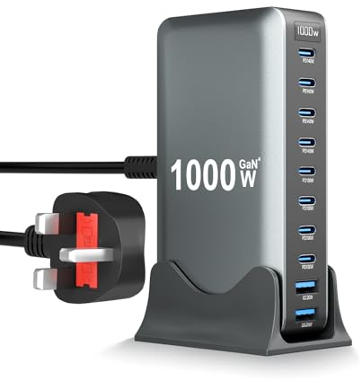 1000W Caricatore USB C, Ricarica Rapida con 10 porte, GAN IV Caricabatterie Type C Compatibile con 140W 100W 20W QC, MacBook Pro 2025 2023, iPhone 17 16, Laptops, iPad Pro, Samsung Galaxy S25 S24 S23