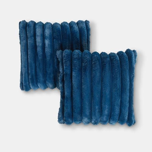 OHS Navy Cushion Covers 45 x 45cm Soft Jumbo Faux Fur Ribbed Decorative Square Throw Pillow Covers Pack of 2 with Invisible Zipper for Sofa Living Room Bedroom