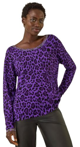 Roman Originals Animal Print Embellished Trim Jumper for Women UK - Ladies Everyday Autumn Winter Scoop Neckline Comfy Soft Evening Vacation Work Party Night Out
