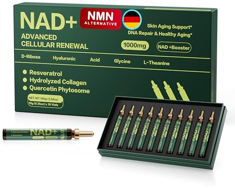 NAD+ Zellregeneration 1000mg – Flüssigkeit NAD Nahrungsergänzungsmittel für Anti-Aging, DNA-Reparatur & Energie – NAD+ Booster mit Resveratrol, Kollagen & Quercetin – 10 Trinkampullen