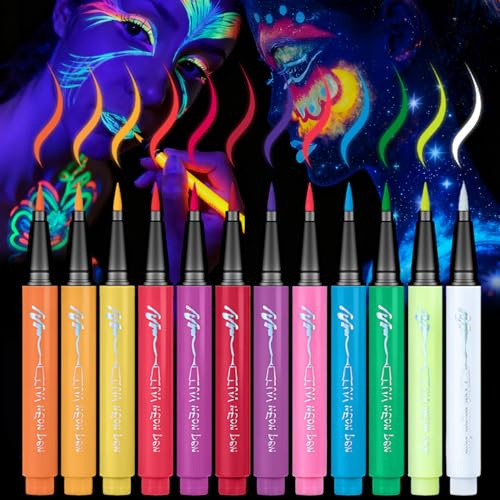 12 Colors Glow in the Dark Face Paint Pens, UV Neon Body Paint Markers, Waterproof Quick-Dry Festival Makeup for Rave Party, Halloween Costume and Blacklight Events