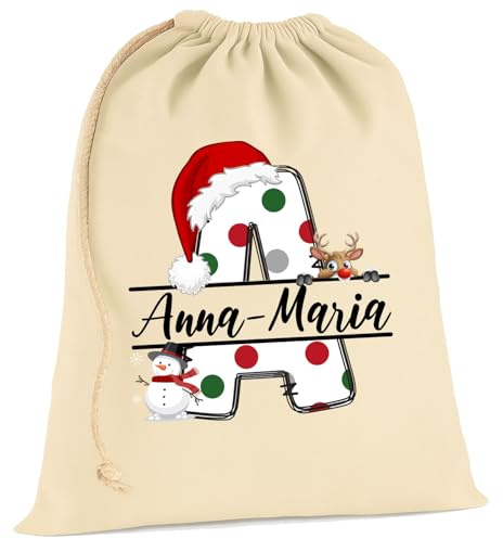 OM3 Personalisierter Weihnachtsbeutel aus Baumwolle - Geschenkbeutel mit Initiale & Wunschname - nachhaltiges Stoff-Säckchen mit Kordelzug für Weihnachten
