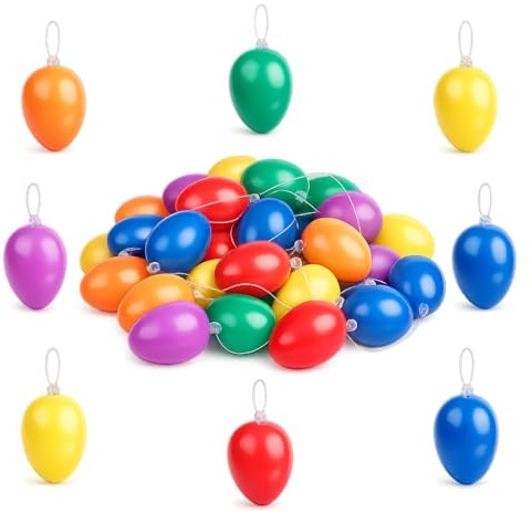 NaDeco 24x Ostereier zum Aufhängen – Bunte Kunststoff Eier 6cm in 3 Farbkombinationen – Wetterfeste Osterdeko für Garten, Balkon, Sträucher & Osterstrauß – Frühlingsdeko außen & innenㅤFarbe 1
