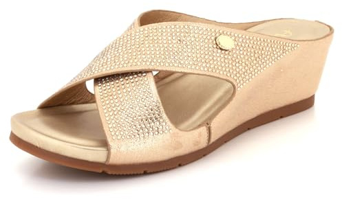 AARZ LONDON Womens Wedge Sandals Slip-On Diamante Criss-Cross Platform Open Toe Summer Evening Wedding Party Holiday Ladies Gold Shoes Size 6 UK 39 EU