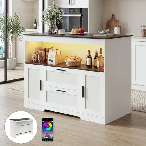 Kitchen Island with Storage&LED Lights, Kitchen Cabinet Island with Breakfast Bar,2 Cabinets,2 Drawers,Open Compartment&Footrest, Multifunctional Sideboard for Kitchen,Dining&Living Room,120*60*88CM