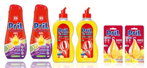 Pril Kit al Limone è un set Completo per Pulizia, Freschezza e Brillantezza per le stoviglie ma anche la tua lavastoviglie con Deo Perls x2, Brillantante x2, Gel 810 ml x2.