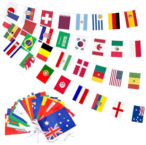 Guirlande de drapeaux de 32 pays pour la Coupe du Monde 2026, 32 pays des deux côtés en tissu euro (drapeaux / 4 pièces)