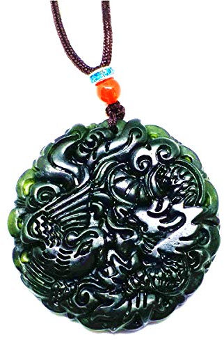 Collier avec pendentif en jadéite, jade chinois naturel en noir et vert orné d’un dragon