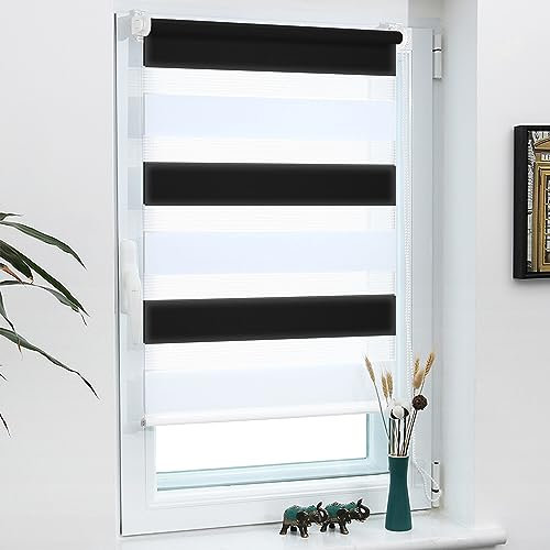 Grandekor Tende a Rullo per Interni Doppio Strato 80l x 120A cm (Tessuto 76 cm) Nero-Bianco Tenda a Rullo Facile Installazione- Ideale per Soggiorno Ufficio Trasparente & Oscurate