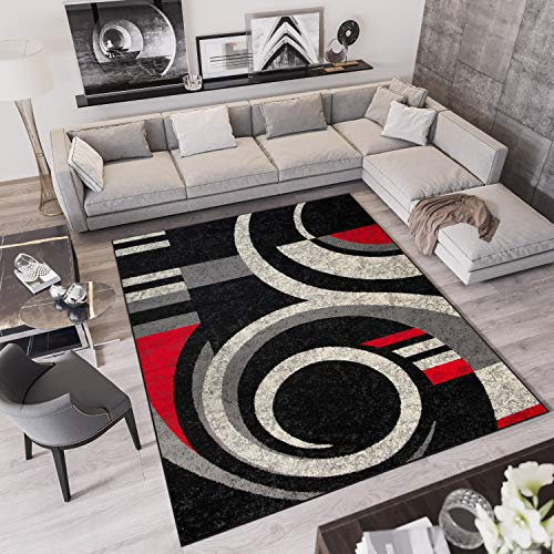 TAPISO Qmega Teppich Kurzflor Meliert Schwarz Grau Rot Creme Abstrakt Streifen Wirbel Muster Designer Modern Wohnzimmer Schlafzimmer ÖKO-TEX 160 x 220 cm