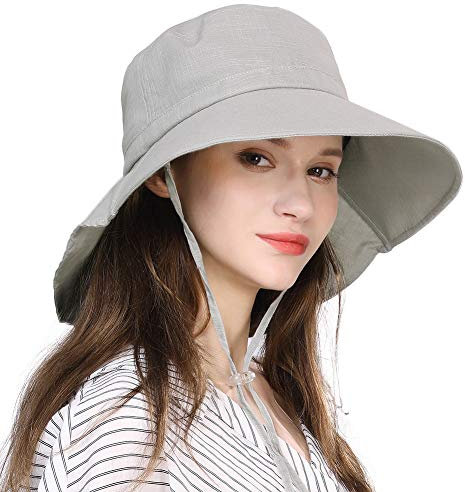 Comhats Klappbarer Sonnenhut UPF 50 + Sonnenschutz mit Nackenschnur für Frauen breite Krempe Grau S